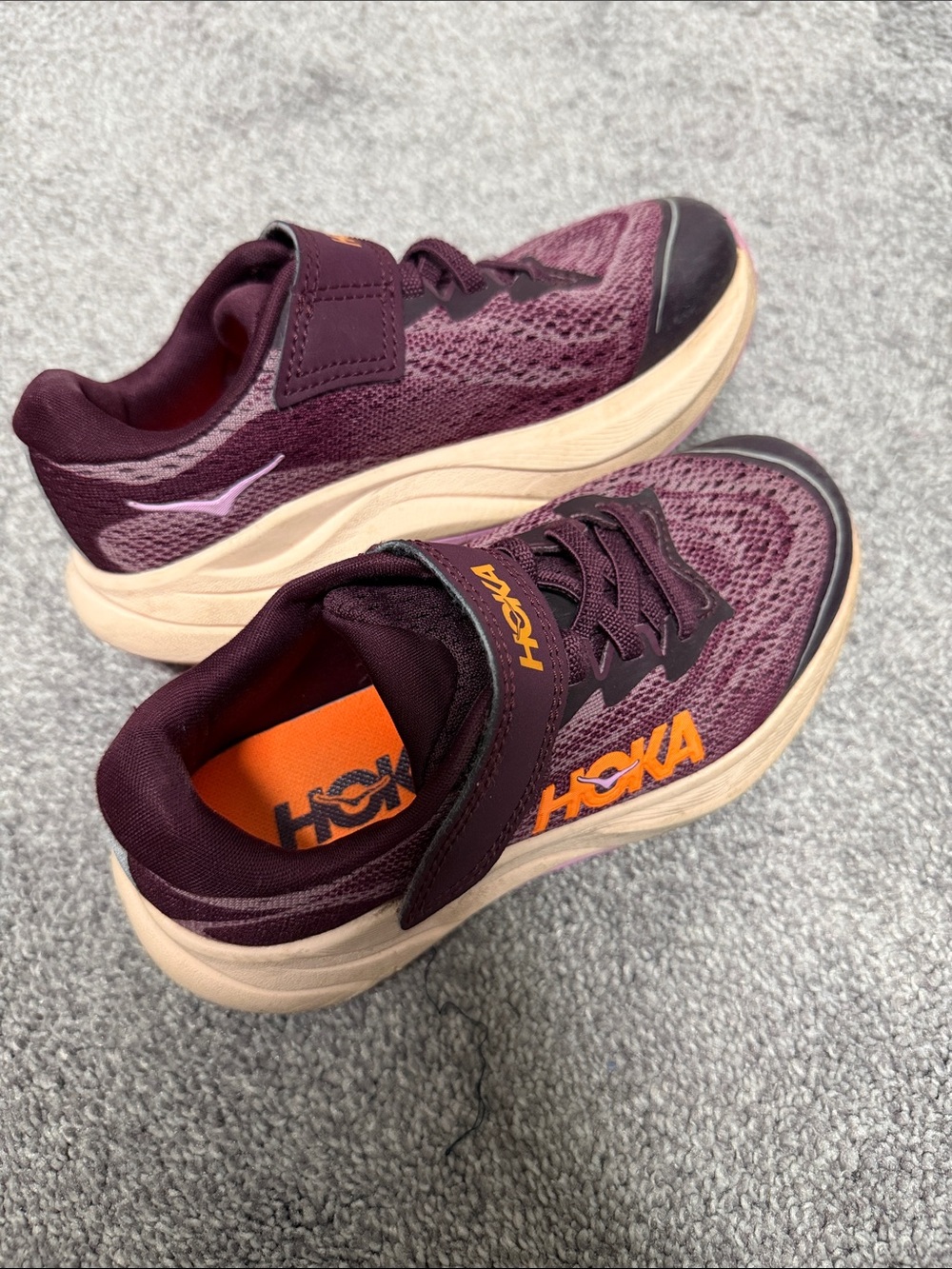 Hoka Kids Burgundy Sneakers with Orange Logo
